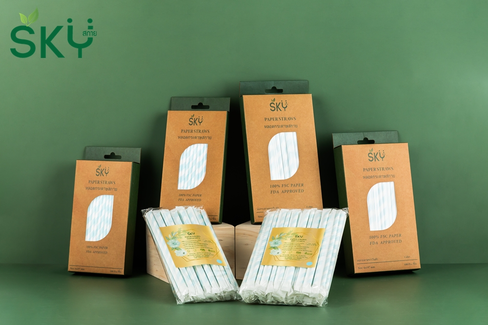 SKY [กล่อง 100ชิ้น] สีฟ้าริ้วขาว หลอดเยื่อกระดาษธรรมชาติ - ห่อซองกระดาษแยกชิ้น