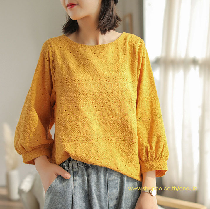 เสื้อลูกไม้ผ้าฝ้ายลินิน สีเหลืองมัสตาร์ด เสื้อผ้าแฟชั่นผู้หญิง