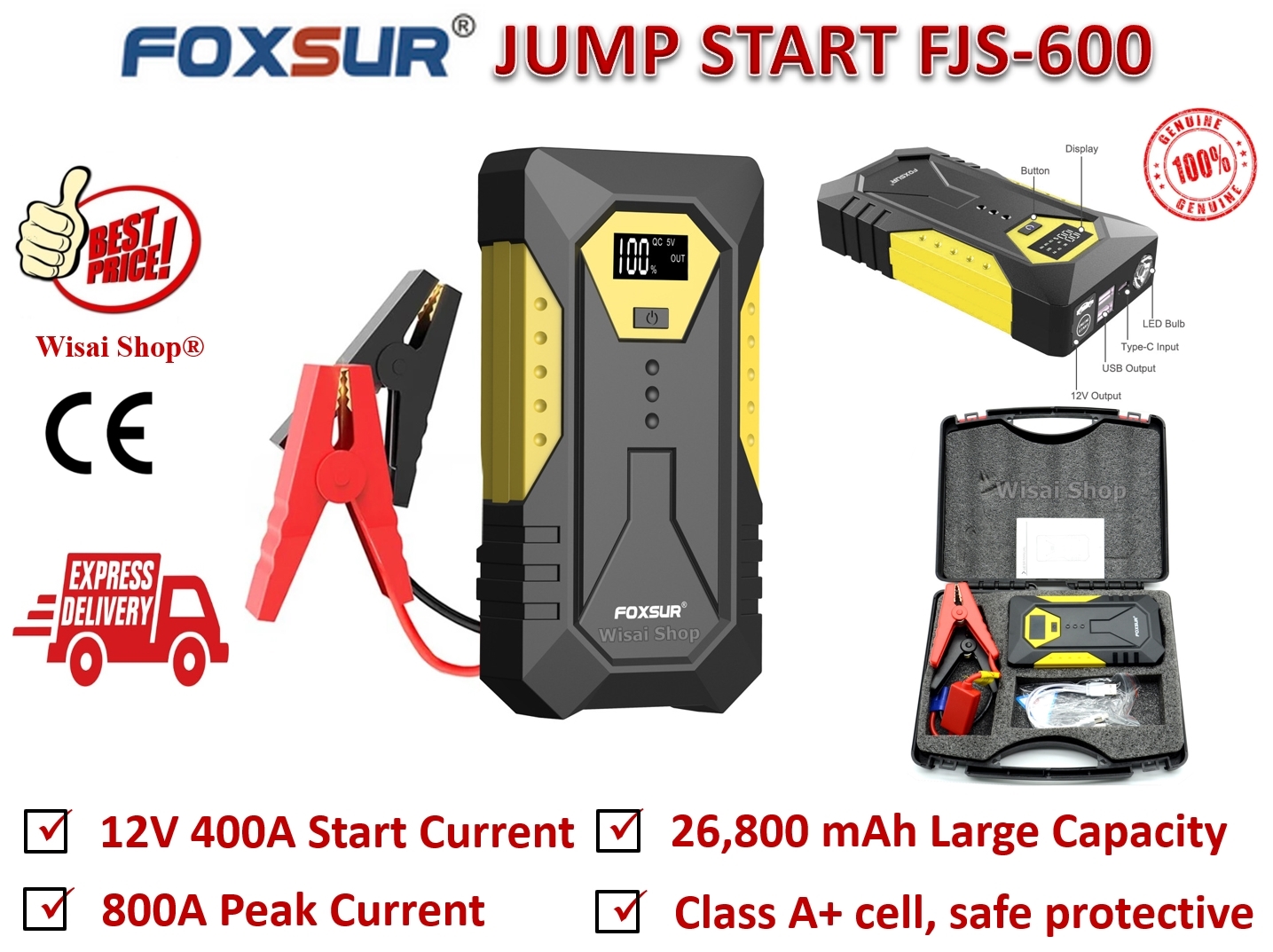 Foxsur จั๊มสตาร์ท Jump Start 12V 400/800A 26800mAh สำหรับ รถยนต์ รถมอเตอร์ไซด์ รถดีเซล รถเก๋ง รถปิคอัพ รถตู้ พร้อม Power Bank 2 USBs และ ไฟ LED รุ่น FJS-600
