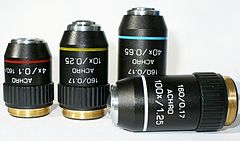 เลนส์ใกล้วัตถุ 4X 10X 40X และ 100 X oil