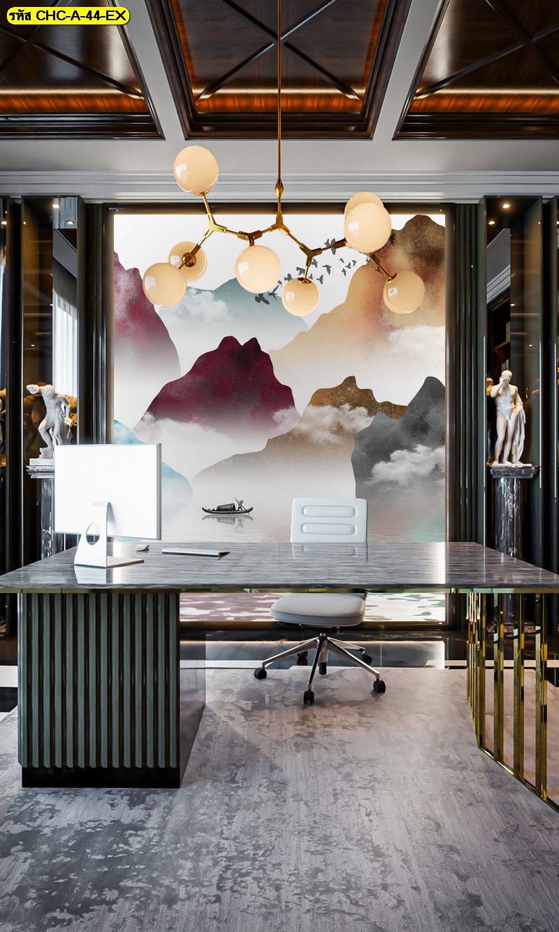 วอลเปเปอร์สั่งทำ ภาพภูเขาสีหมอกแดง นำเสนอ ความหรูหราสง่างามและศิลปะร่วมสมัยในห้องทำงาน