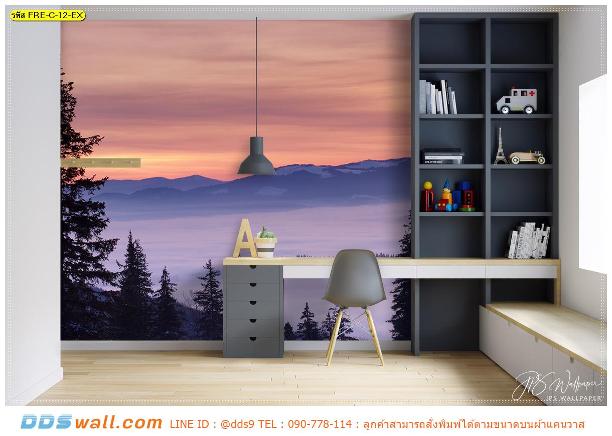 Print wallpaper แต่งห้องทำงาน ด้วยภาพลายธรรมชาติต้นสนและทะเลหมอก วิวฤดูหนาวสวยๆ