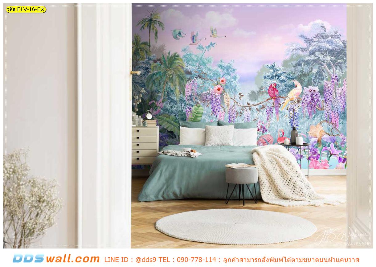 ภาพศิลปะ ผ้าCanvas ติดห้องนอน ลายดอกไม้หลากหลายสีสันและนก ที่แสนอบอุ่น