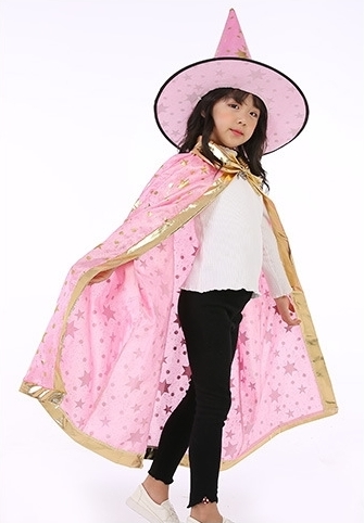 7C103 ชุดเด็ก ชุดฮาโลวีน ชุดแม่มด ผ้าคลุมและหมวก สีชมพูลายดาวทอง Pink GoldStar The Witch Halloween