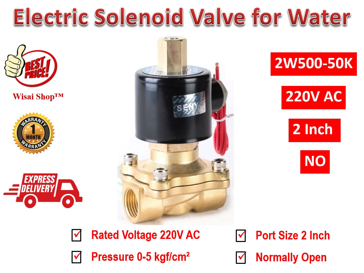 SENYA 220V AC โซลินอยด์วาล์วสำหรับน้ำ อากาศ และน้ำมัน Electric Solenoid Valve for Water แบบปกติปิด (NC) ขนาด 2" (2W500-50)