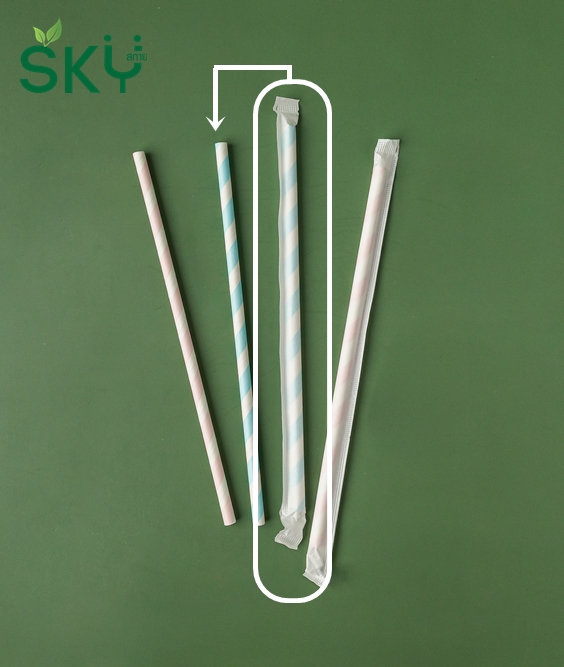 SKY [กล่อง 100ชิ้น] สีฟ้าริ้วขาว หลอดเยื่อกระดาษธรรมชาติ - ห่อซองกระดาษแยกชิ้น