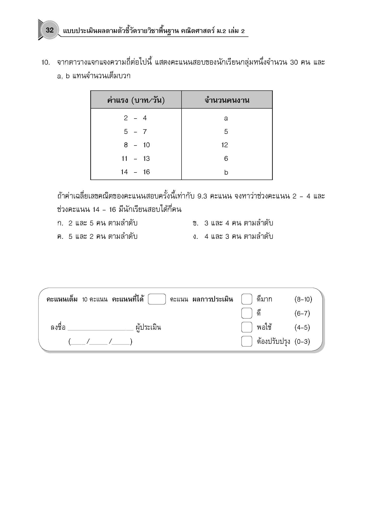 แบบประเมินผลตามตัวชี้วัด รายวิชาพื้นฐาน คณิตศาสตร์ ม.2 เล่ม 2