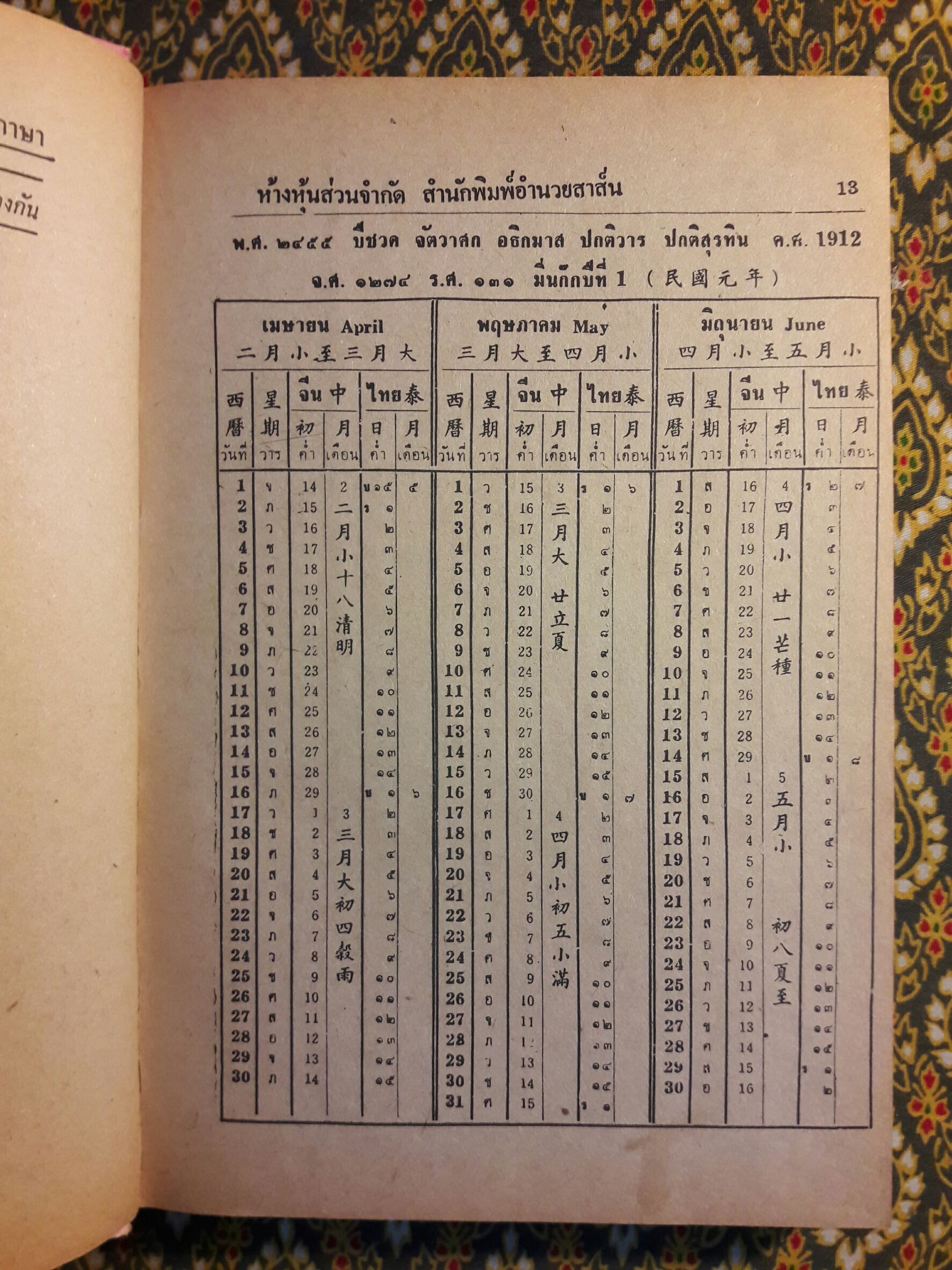 ปฏิทิน 100 ปี เทียบ 3 ภาษา พ.ศ.2455 - 2543