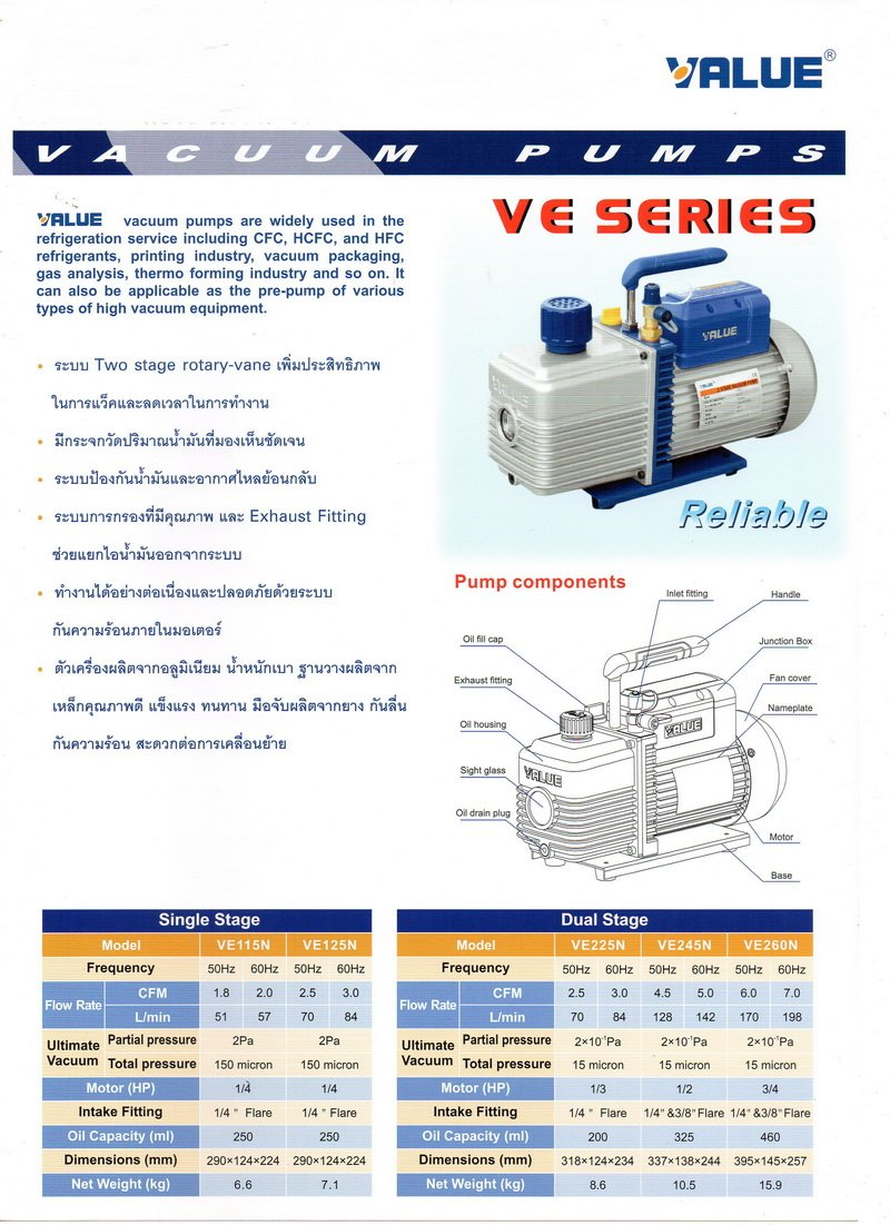 แวคคั่มปั๊ม โรตารี่ 2ชั้น (ปั๊มสูญญากาศ) 'VALUE' รุ่น VE225N