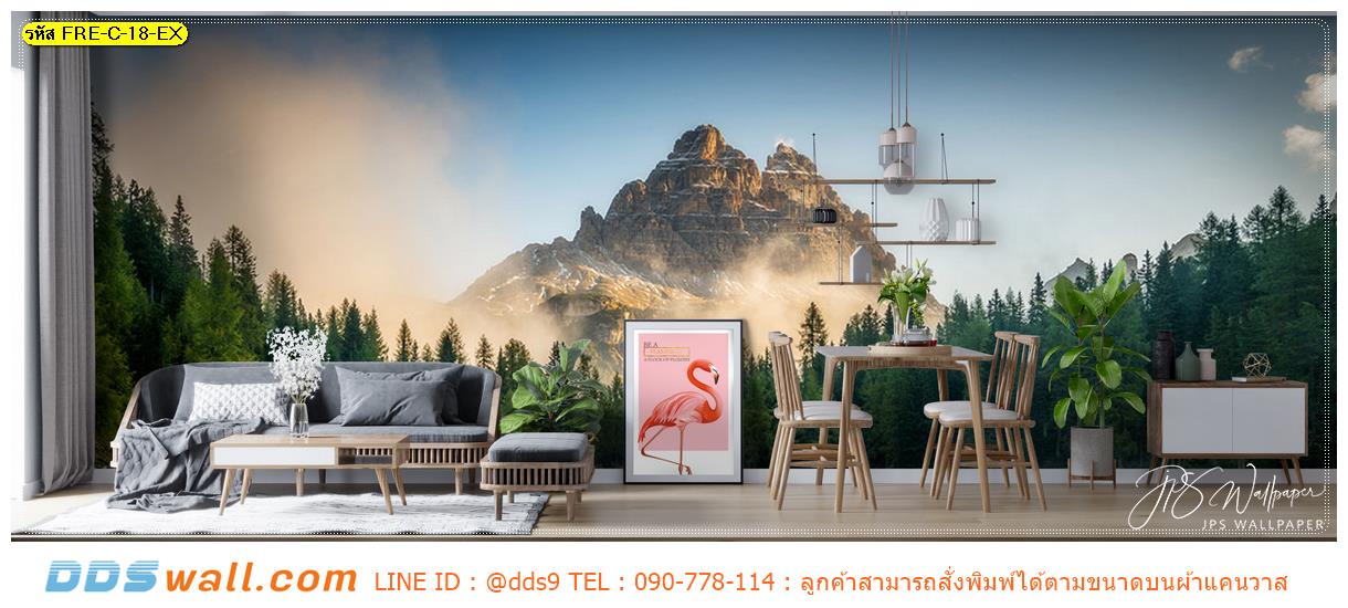 พิมพ์ภาพติดผนัง ตกแต่งห้องนั่งเล่น ด้วยภาพสั่งพิมพ์ตามขนาด ลายธรรมชาติ หมอกบนภูเขาและป่าสนสีเขียว