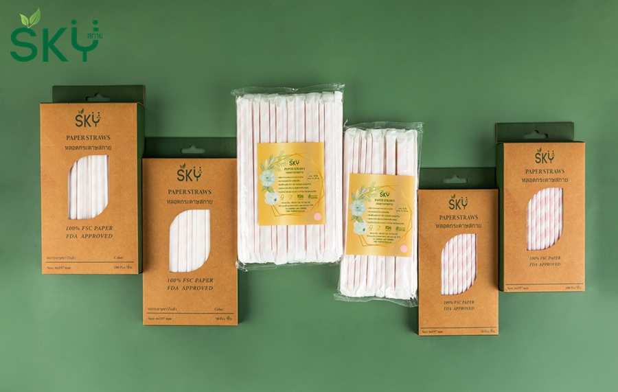 SKY [แพ็คห่อพลาสติก 50ชิ้น] สีชมพูริ้วขาว หลอดเยื่อกระดาษธรรมชาติ - ห่อซองกระดาษแยกชิ้น