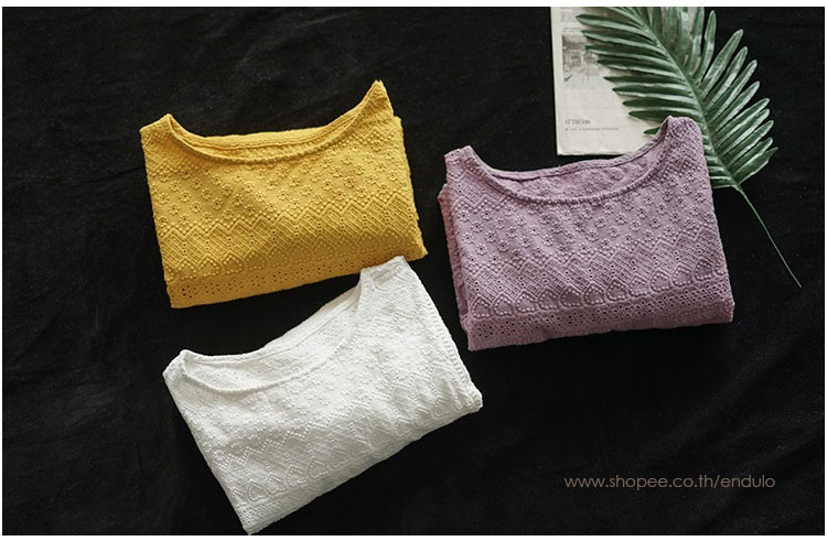 เสื้อลูกไม้ผ้าฝ้ายลินิน สีขาว เสื้อผ้าแฟชั่นผู้หญิง