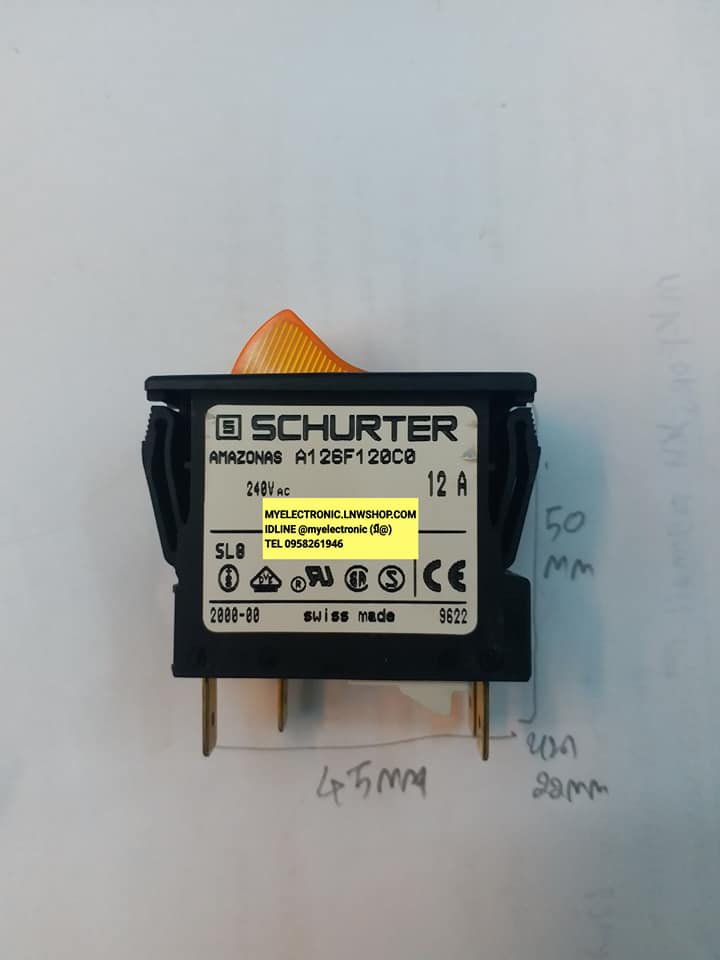 สวิทช์ไฟ220Vสีเหลือง4ขารุ่นA126F120C0ยี่ห้อSCHURTERสวิทช์เบรคเกอร์12A240VAC