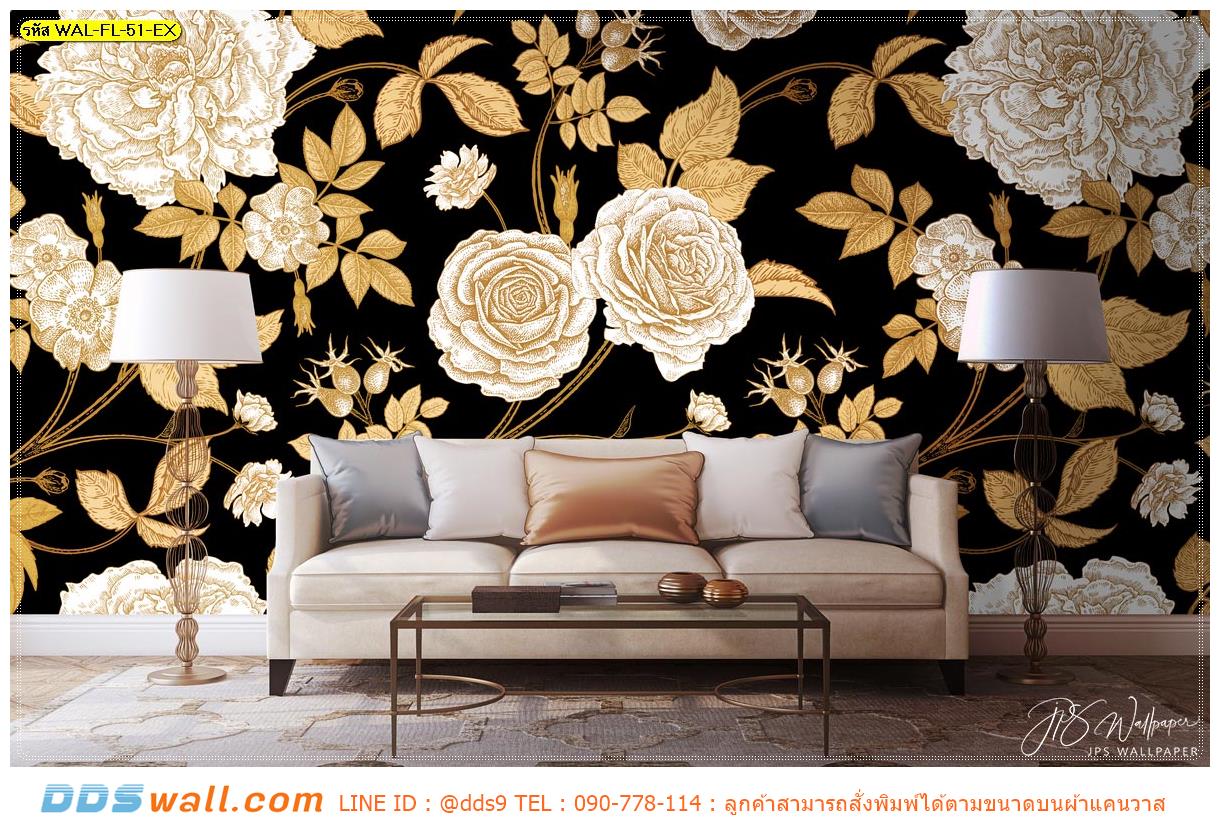 ผ้าแคนวาส ขนาดใหญ่ ตกแต่งห้องนั่งเล่นอ่านหนังสือ ภาพลายไม้สีขาวใบสีน้ำตาลพื้นดำ ที่ให้ความรู้สึกผ่อนคลาย