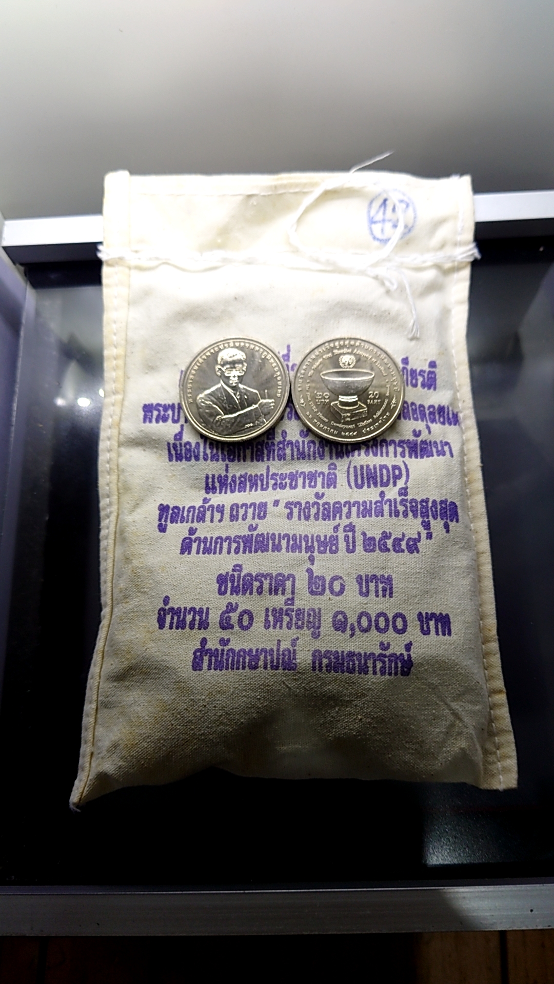 เหรียญยกถุง (50 เหรียญ) เหรียญ 20 บาท เนื้อนิเกิล ที่ระลึก UNDP ทูลเกล้าฯ ถวาย รางวัลความสำเร็จสูงสุดด้านการพัฒนามนุษย์ รัชกาลที่9 พ.ศ.2549 ไม่ผ่านใช้
