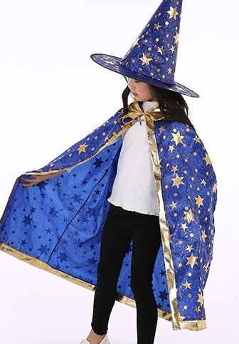 7C105 ชุดเด็ก ชุดฮาโลวีน ชุดแม่มด ผ้าคลุมและหมวก สีน้ำเงินลายดาวทอง Blue GoldStar The Witch Halloween