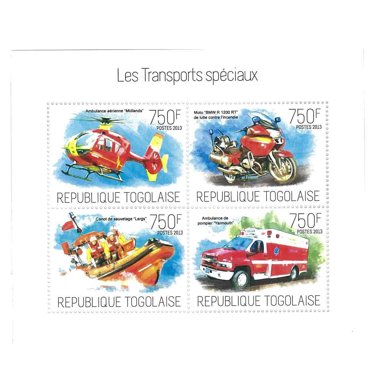 Togo Stamp, 2013 Special Transport, Car, Motorcycle, Boat, Helicopter