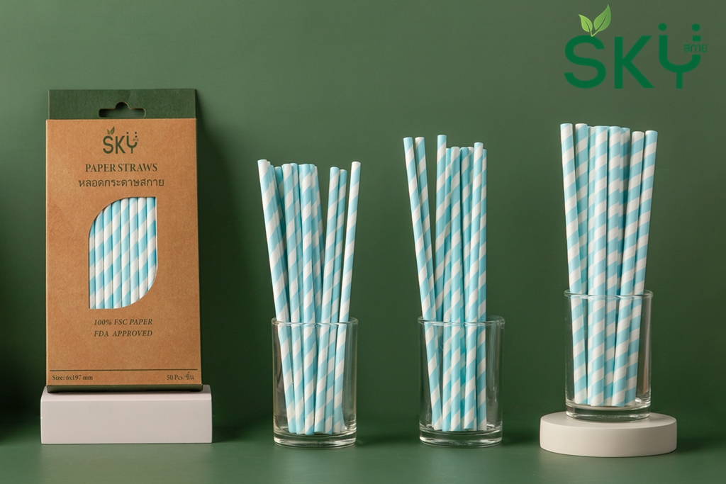 SKY [กล่อง 100ชิ้น] สีฟ้าริ้วขาว หลอดเยื่อกระดาษธรรมชาติ - ชนิดไม่ห่อกระดาษแยกชิ้น
