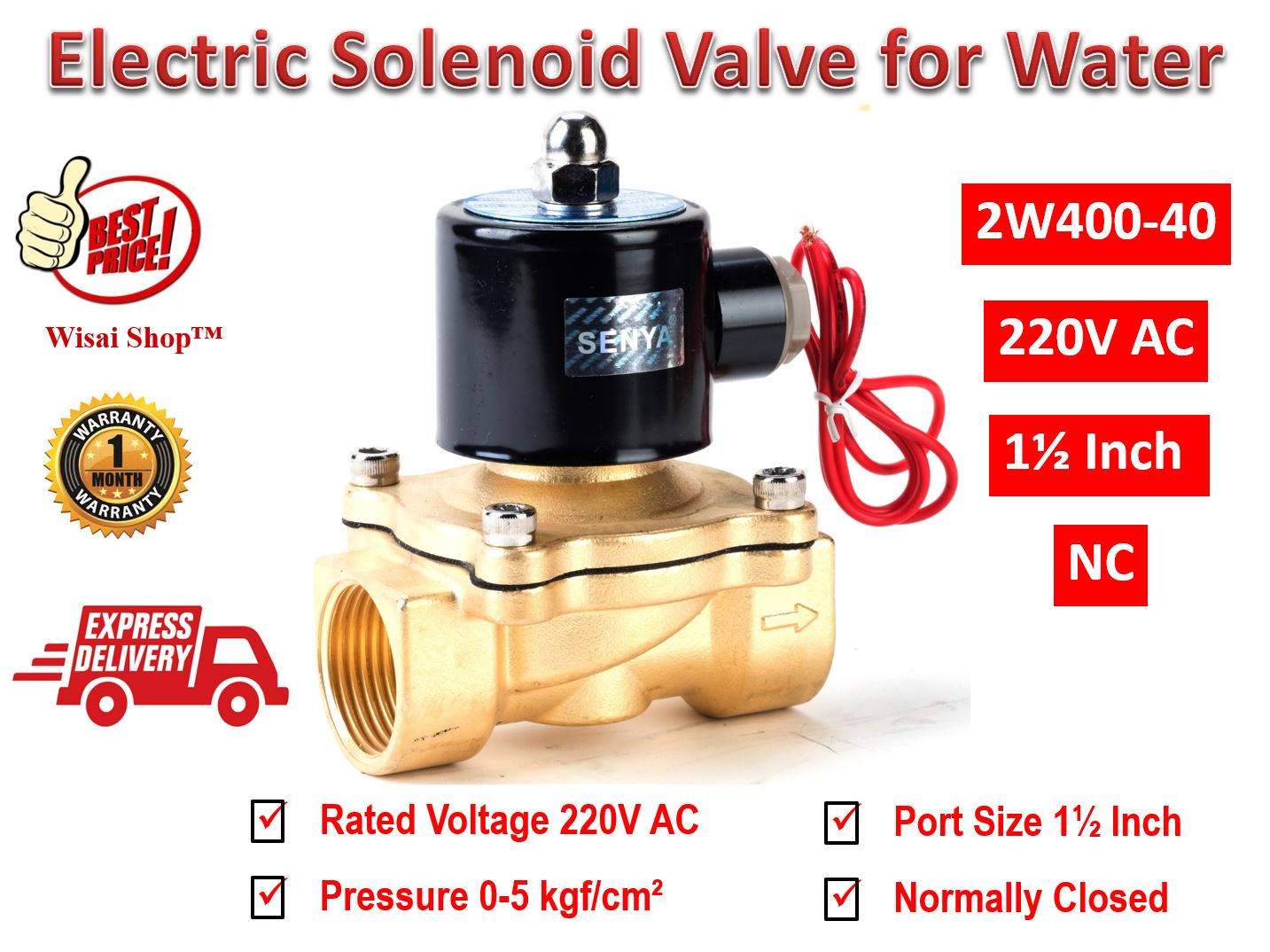 SENYA 220V AC โซลินอยด์วาล์วสำหรับน้ำ อากาศ และน้ำมัน Electric Solenoid Valve for Water แบบปกติเปิด (NO) ขนาด 1½" (2W400-40K)