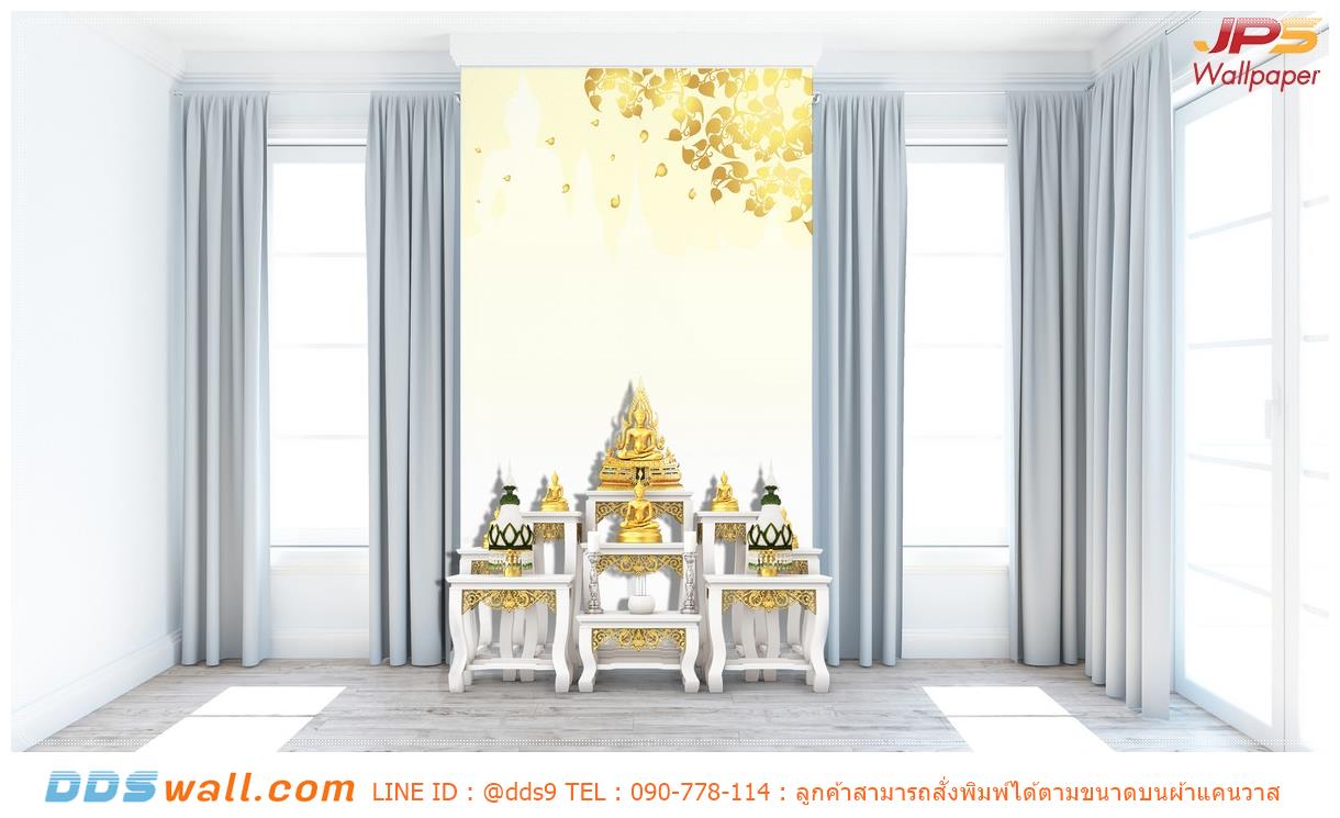ร้านที่รับพิมพ์ภาพ wallpaper ภาพลายไทยแต่งห้องพระ ลายใบโพธิ์พื้นหลังสีขาว สวยสง่า มีราศี