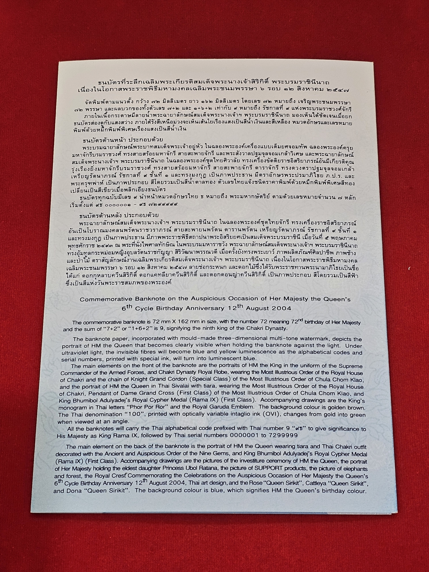ธนบัตรที่ระลึก 100 บาท สมเด็จพระนางเจ้าพระบรมราชินีนาถในรัชกาลที่ 9 เฉลิมพระชนมพรรษาครบ 6 รอบ พร้อมปก