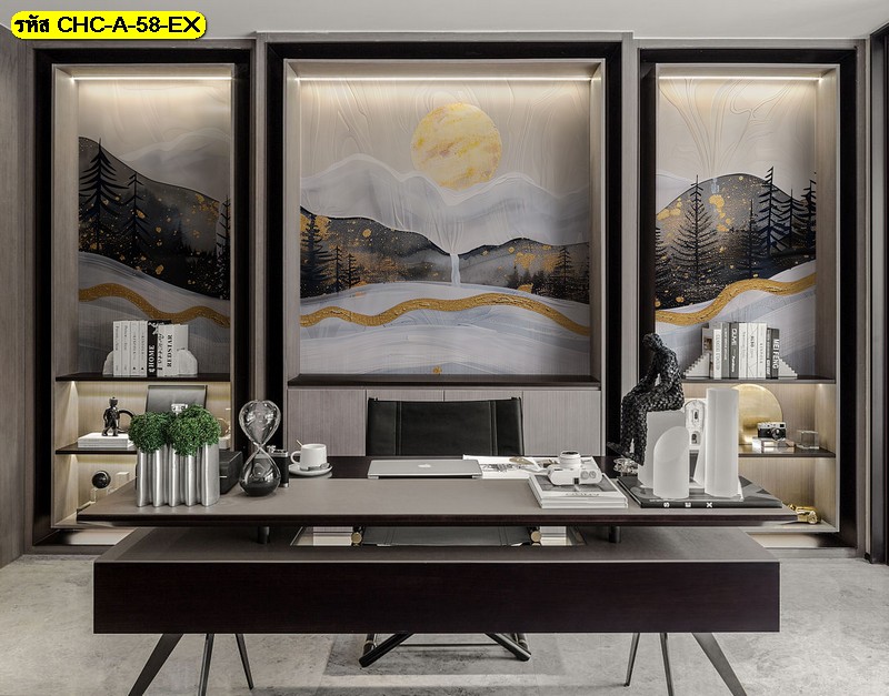 วอลเปเปอร์สั่งทำ ภาพทิวทัศน์ป่าสนและดวงอาทิตย์ นำเสนอ ความสงบและความลึกซึ้งในห้องทำงาน