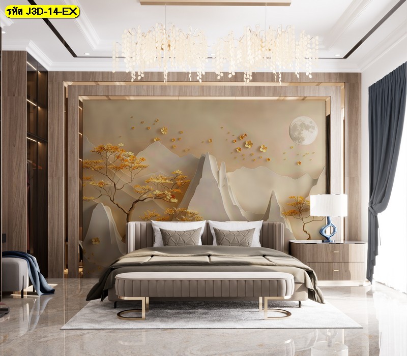 วอลเปเปอร์ภาพวิวโทนอุ่น สั่งทำลายพิเศษช่วยยกระดับผนังหัวเตียงให้ดูนุ่มลึกและหรูอย่างมีมิติ