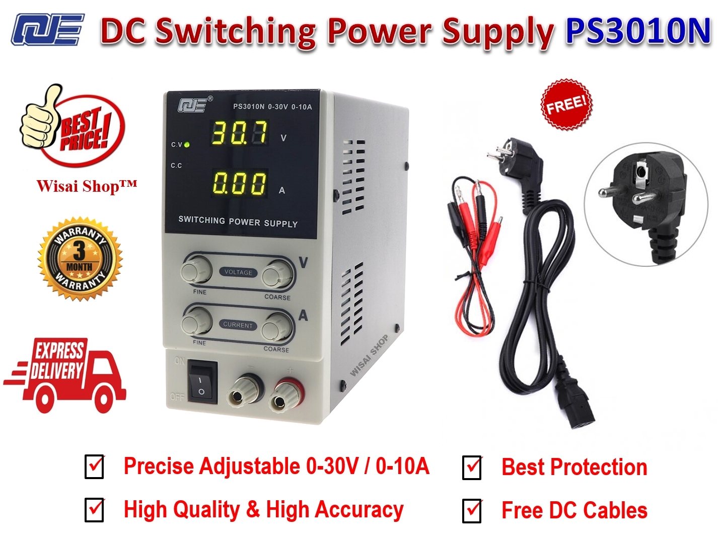 QJE High Accuracy DC Switching Power Supply ปรับค่าได้ 0-30V และ 0-10A รุ่น PS3010N