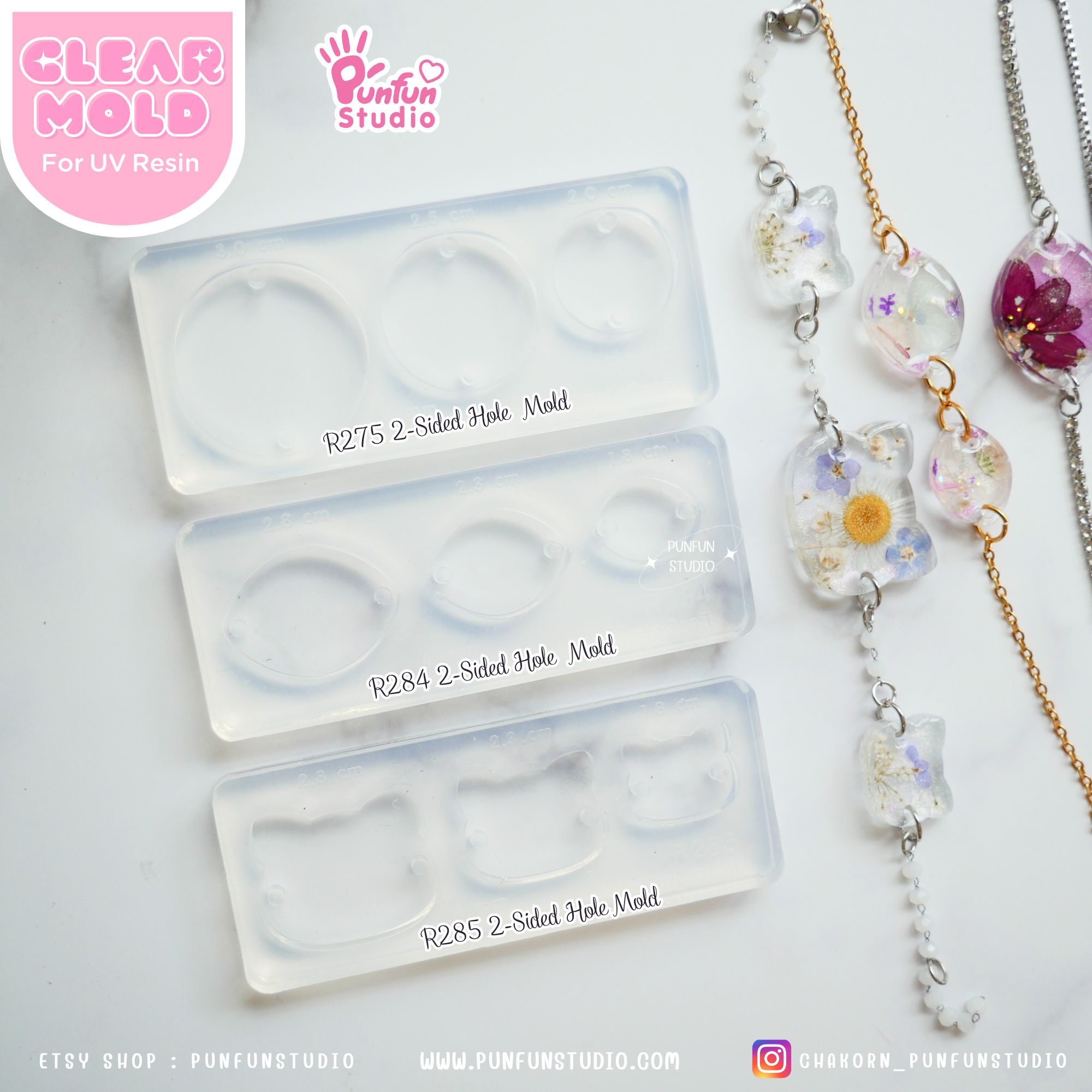 R285 2-Sided Hole Cat Shape Mold/ 3 in 1 / Size 2.8, 2.3, 1.8 cm / UV Clear