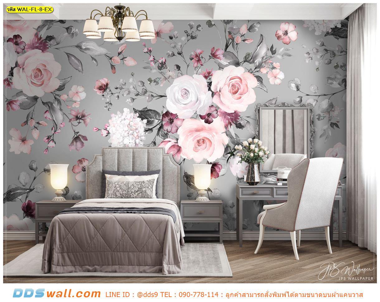 ภาพแคนวาส ติดห้องนอน ลายดอกไม้สีชมพูขาวพื้นเทา หวานละมุน โดดเด่น