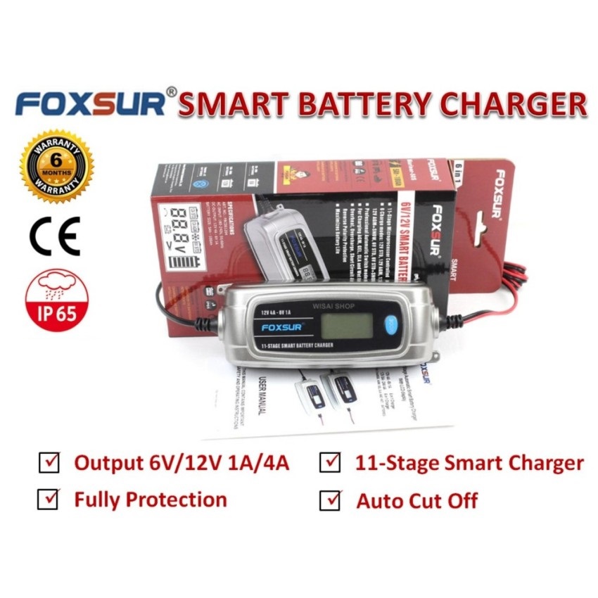 FOXSUR เครื่องชาร์จอัจฉริยะและฟื้นฟูแบตเตอรี่รถยนต์ Smart Battery Charger & Desulfator 6V/12V 1A/4A 5-100Ah รุ่น FBC061204
