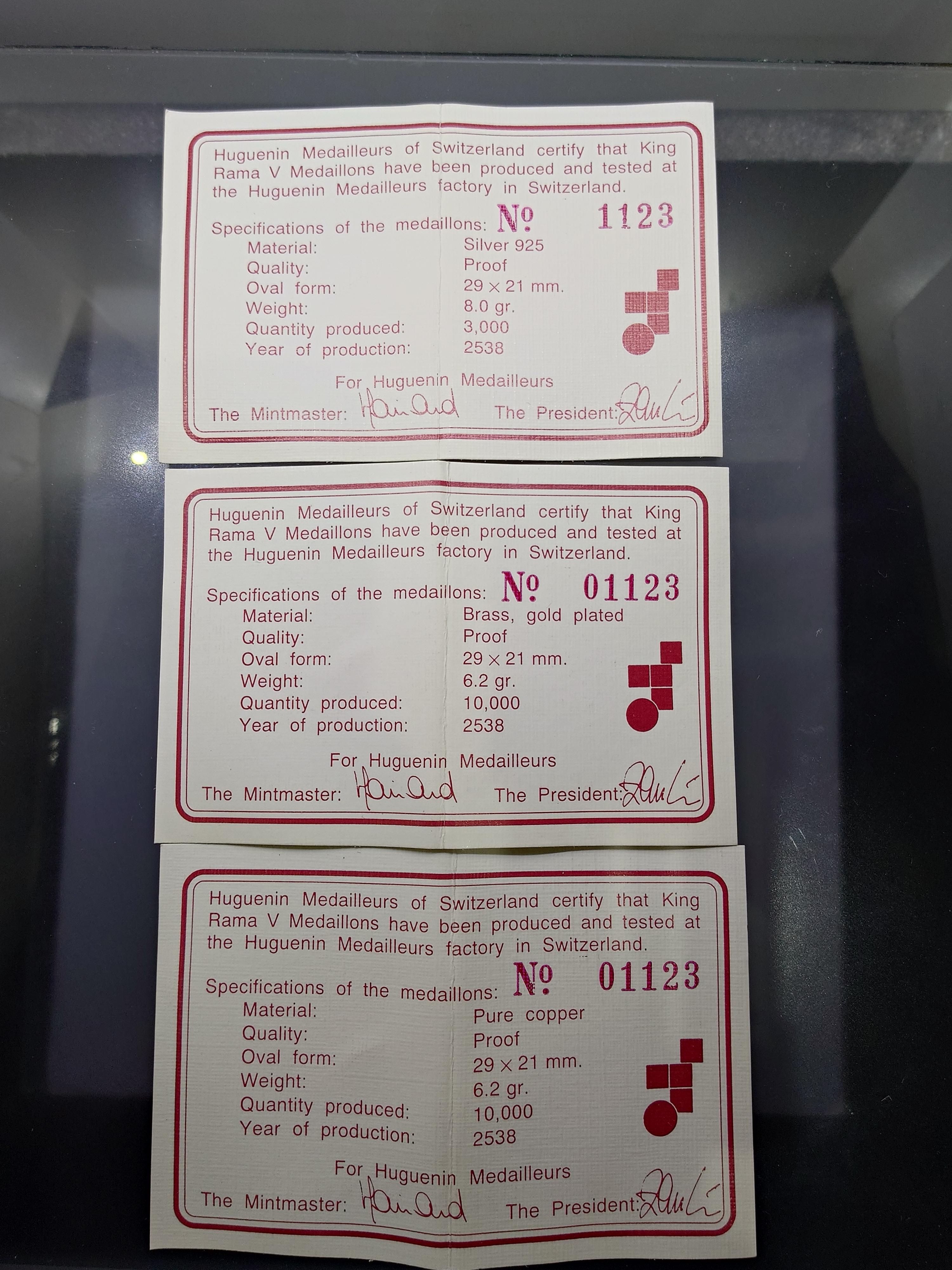 เหรียญพระรูปรัชกาลที่5 บล็อกนอก ฮูกานิน สวิส รุ่นแรก หลังเสาชิงช้า (เนื้อเงิน ทองเหลืองชุบทอง ทองแดง) วัดสุทัศนเทพวราราม พ.ศ.2538 พร้อมกล่องเดิม ใบรับรอง