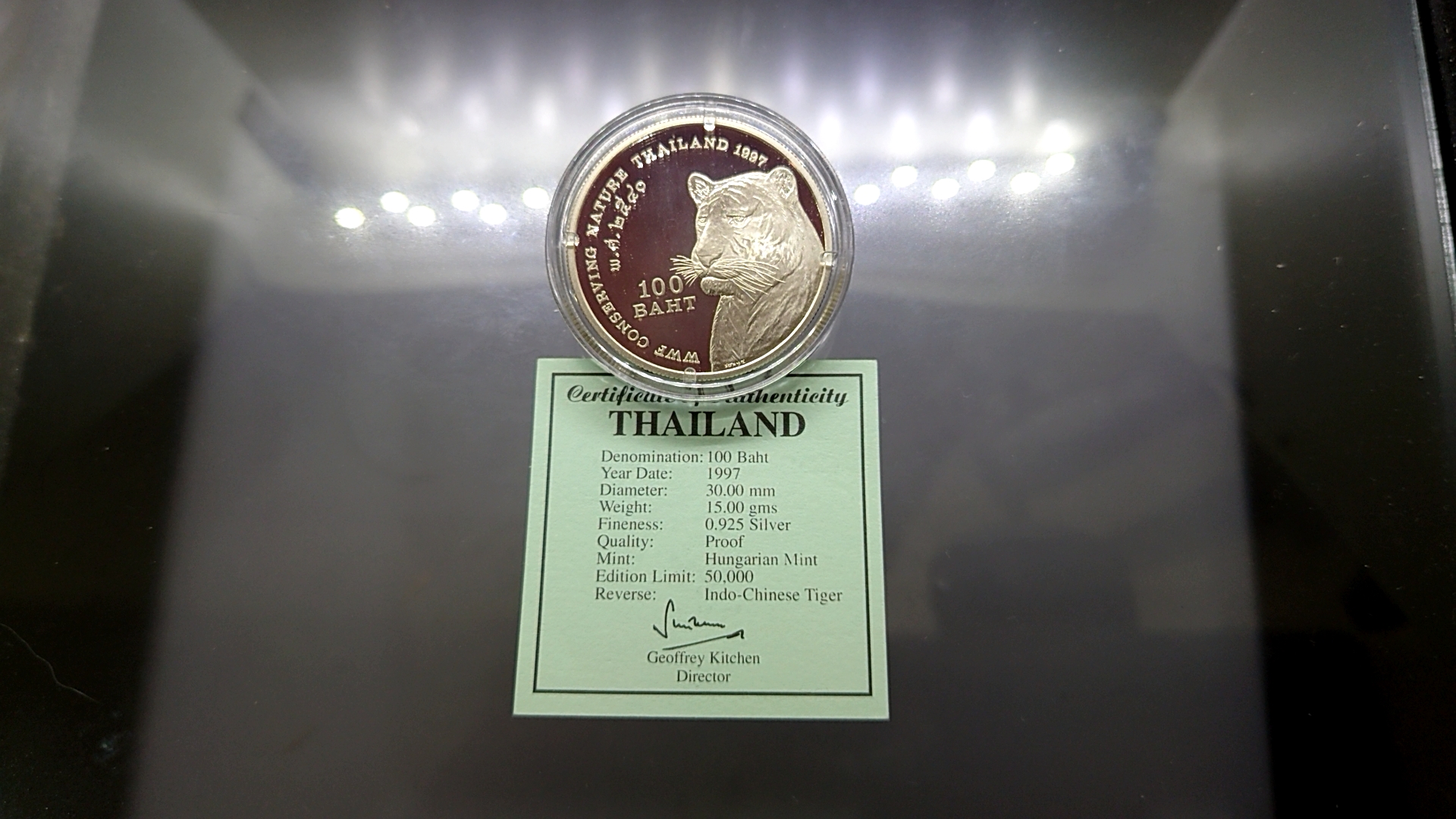 เหรียญ 100 บาท เสือเศร้า(ส่งเสริมการอนุรักษ์ธรรมชาติและสัตว์ป่า) เงินขัดเงา แบบบาง พร้อมใบเซอร์ 2540