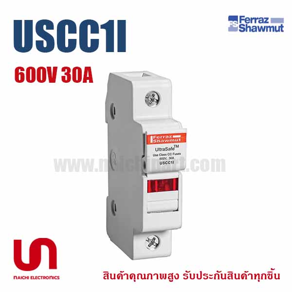ฐานฟิวส์ Mersen Ferraz , USCC1I , Fuse Holders 600V 30A Class CC 1-pole Light Indicator