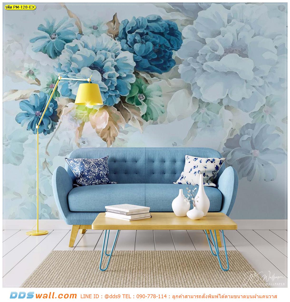 ผ้าแคนวาส ติดห้องนั่งเล่น ในภาพสีน้ำดอกไม้โทนสีฟ้า จับคู่กับเฟอร์นิเจอร์สีเหลืองน่ารักๆ สงบ เย็นสบาย