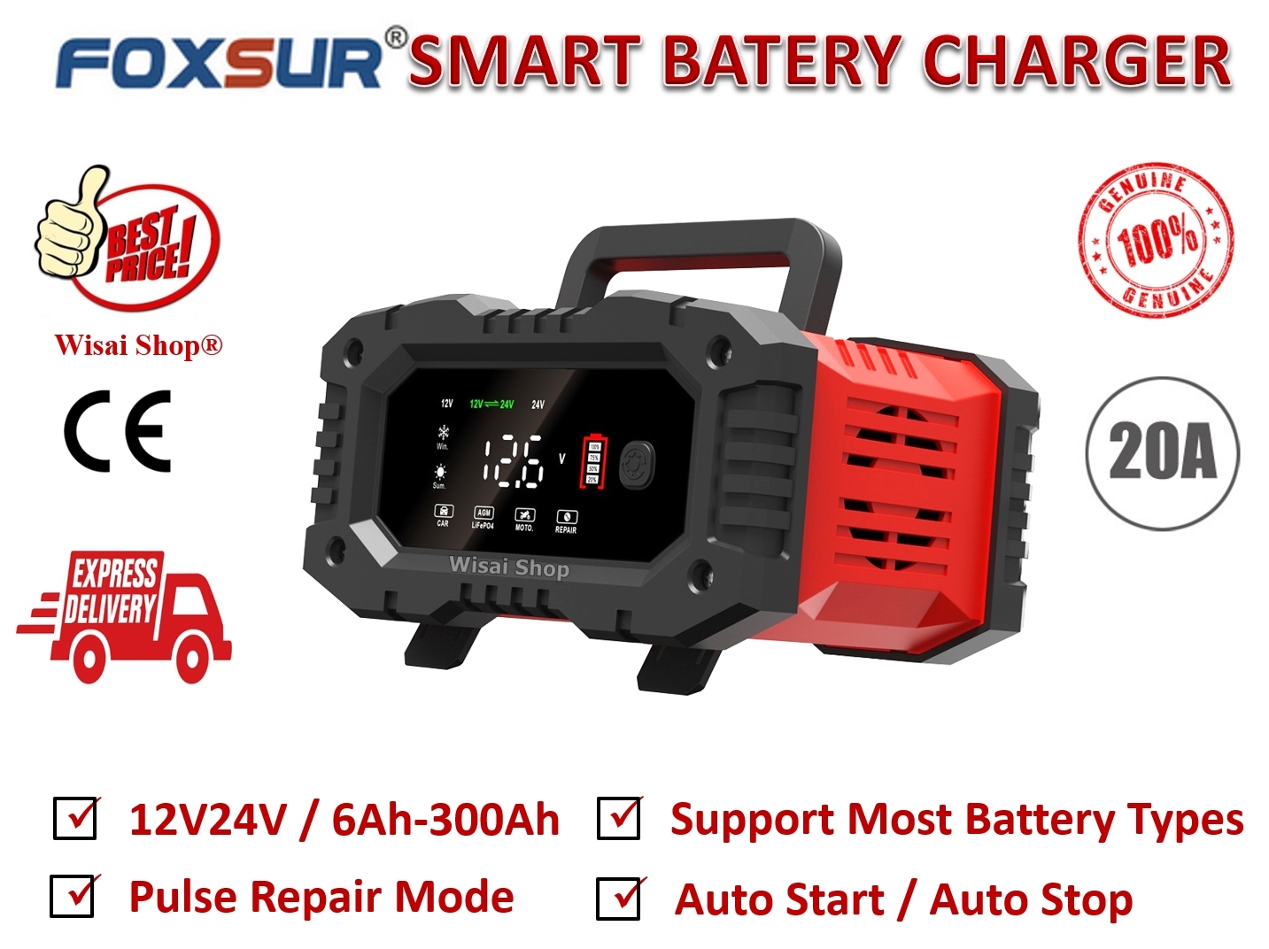 FOXSUR เครื่องชาร์จ 12V / 24V สลายซัลเฟตและฟื้นฟูแบตเตอรี่รถยนต์และรถจักรยานยนต์ Car/Motorcycle Smart Battery Charger / Pulse Repair Charger 12V/24V 12A/ 6-300Ah รุ่น FPT-200