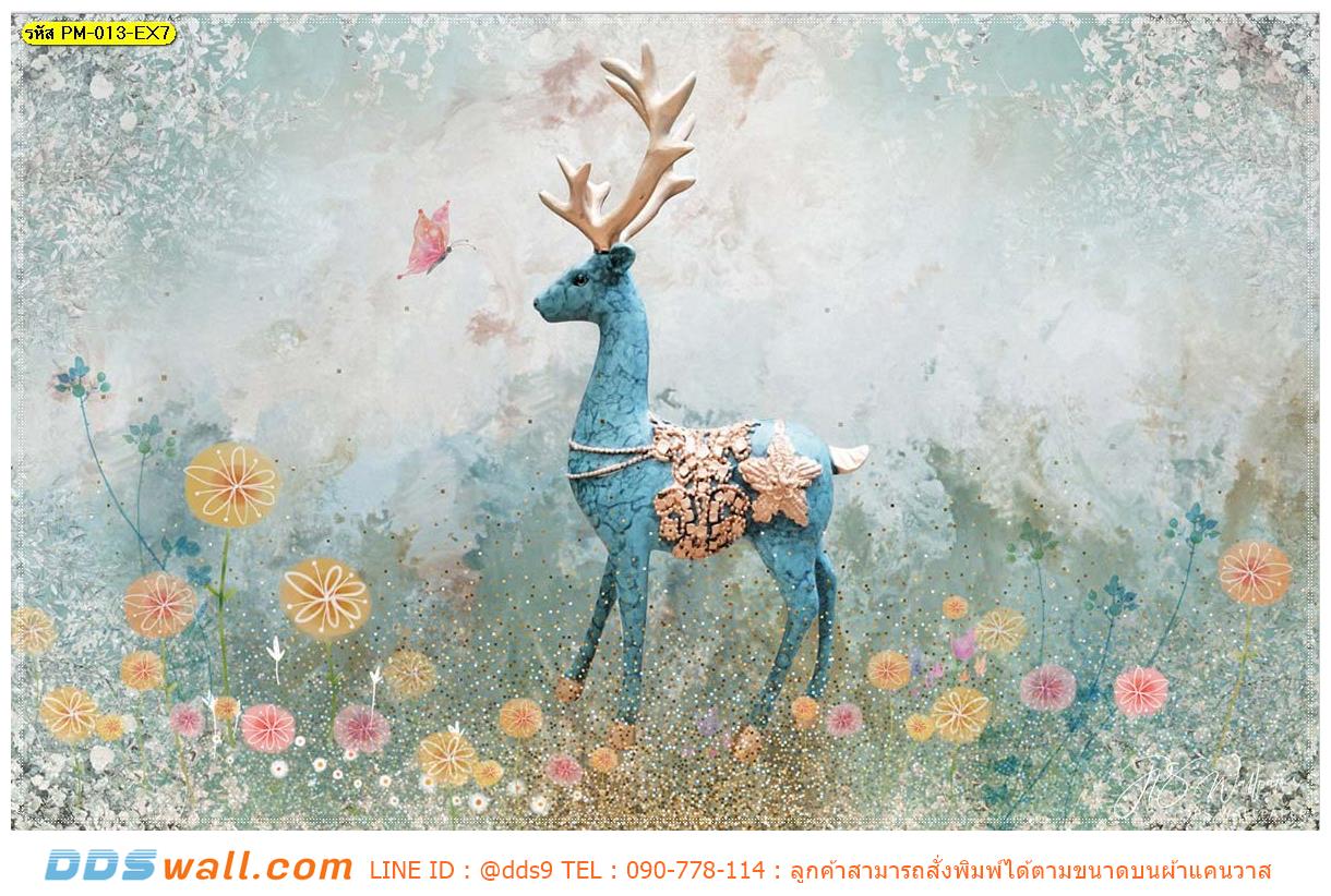 ภาพวิว ภาพศิลปะ ตกแต่งผนังกำแพงภาพ ลายกวางป่ากลางสวนดอกไม้ โทนสีอบอุ่น น่ารัก สดใส