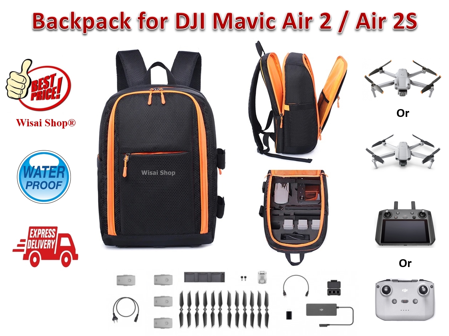 กระเป๋าเป้ Nylon Waterproof Backpack สำหรับ DJI Mavic Air 2 / DJI Air 2S ใส่อุปกรณ์ชุด Combo และ DJI Smart Controller ได้