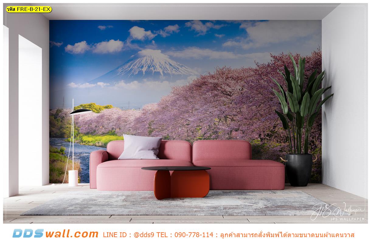 ผ้าแคนวาส แต่งห้องรับแขก ภาพวิวสวยๆ ด้วยภาพดอกซากุระและภูเขาฟูจิประเทศญี่ปุ่น บดบังรอยร้าวบนผนังได้