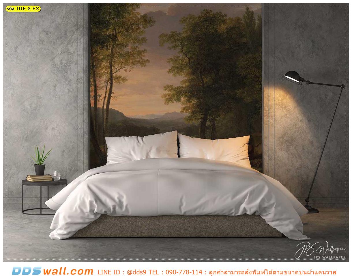 ภาพวิว ภาพศิลปะ พิมพ์บนผ้า Canvas ตกแต่งห้องนอน ลายป่ายุโรป รูปวิวต้นไม้ สีส้มอ่อนตอนพระอาทิตย์ตก สลับกับใบไม้สีเขียวครึ้ม ให้ความรู้สึกอบอุ่น