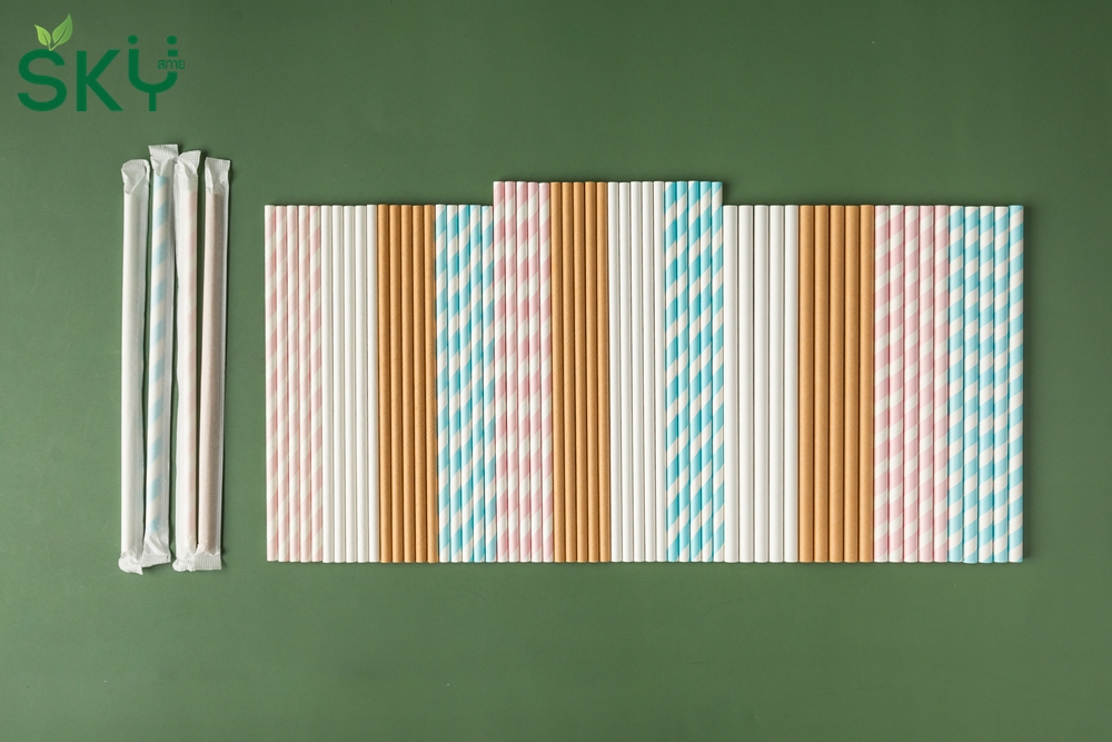 SKY [แพ็คห่อพลาสติก 50ชิ้น] สีน้ำตาล หลอดเยื่อกระดาษธรรมชาติ - ห่อซองกระดาษแยกชิ้น