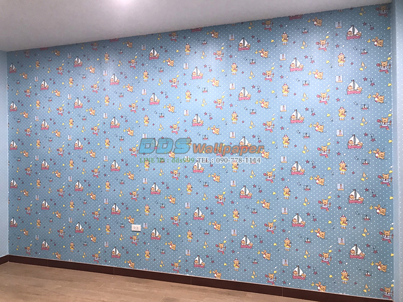ผลงานติดวอลเปเปอร์ ลายการ์ตูนรูปหมี สีฟ้า ที่พัทยา