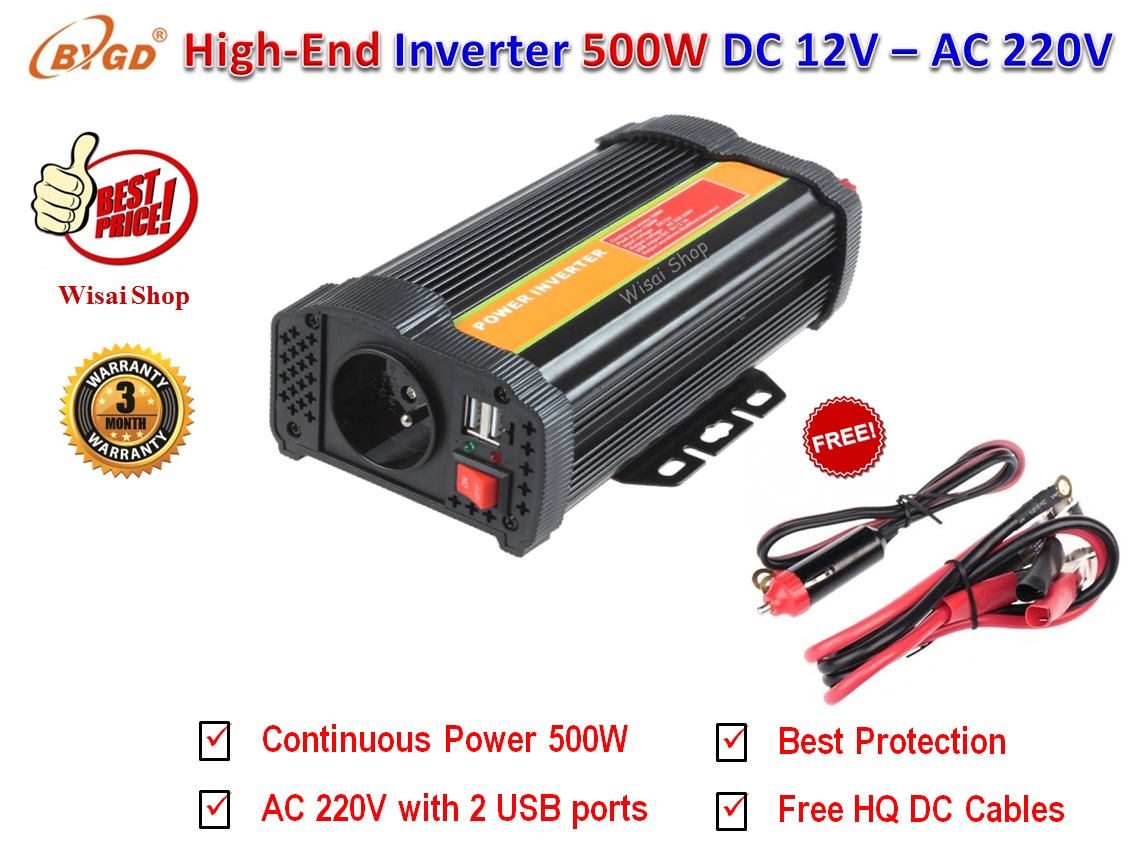 BYGD Hi-End อินเวอร์เตอร์ Inverter ขนาด 500W แปลงไฟแบตเตอรี่ DC 12V เป็น AC 220V มาพร้อมกับ 2 USB Ports DC 5V รุ่น P500U