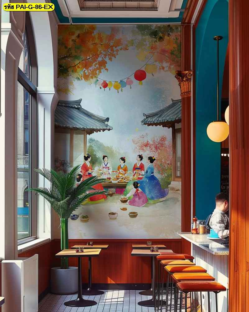 วอลเปเปอร์สั่งพิมพ์ ภาพหญิงสาวในชุดฮันบก ออกแบบ สร้างบรรยากาศงานเลี้ยงฉลองในร้านอาหาร