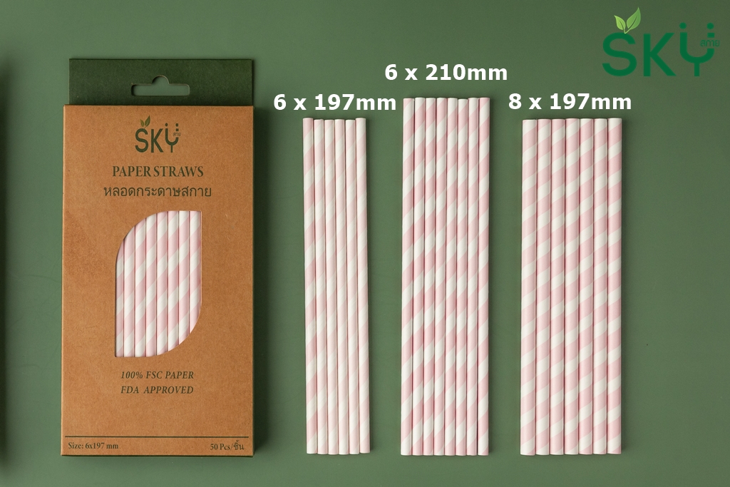SKY [กล่อง 100ชิ้น] สีชมพูริ้วขาว หลอดเยื่อกระดาษธรรมชาติ - ชนิดไม่ห่อกระดาษแยกชิ้น