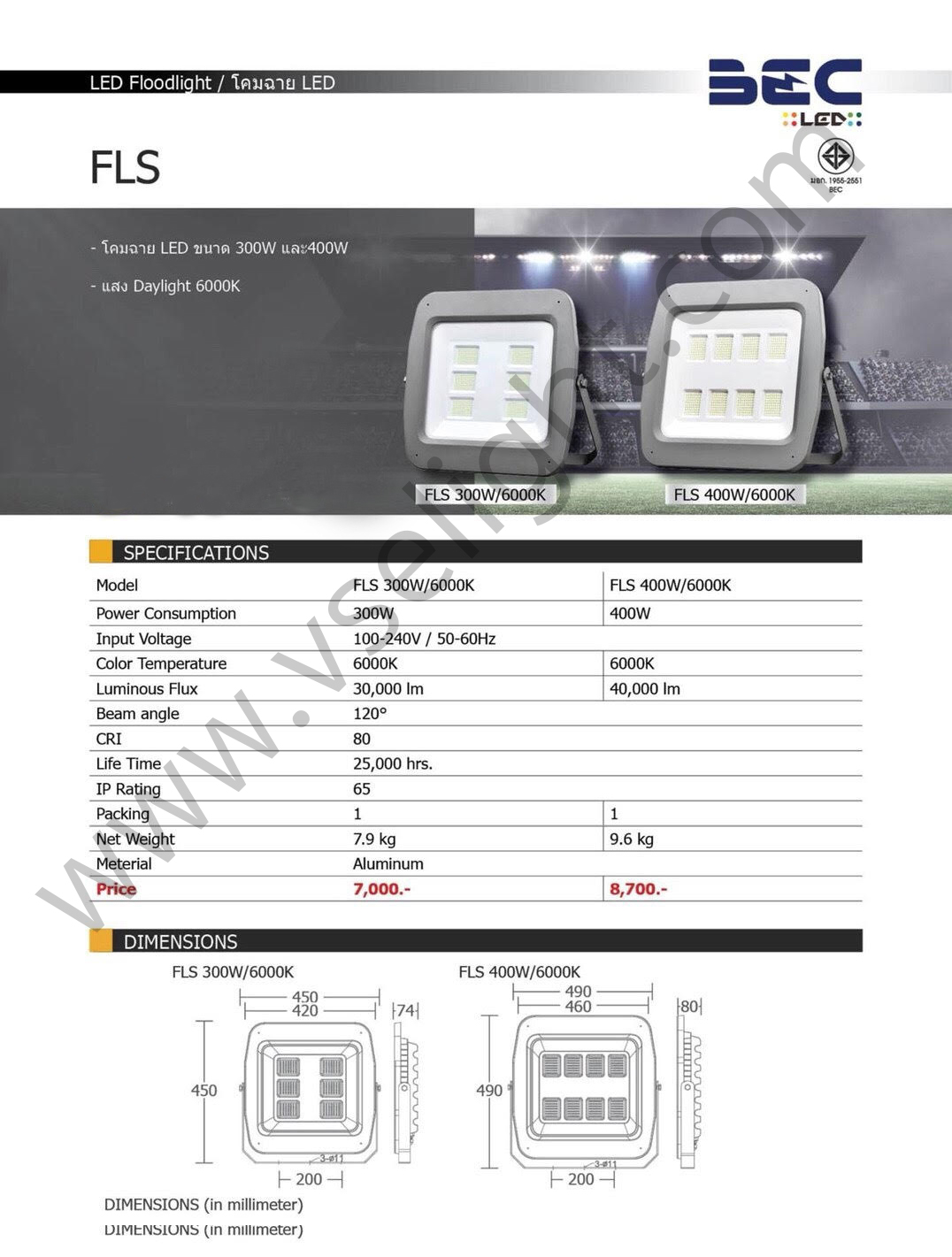 โคม Floodlight LED BEC รุ่น FLS 300W 400W แสง Daylight
