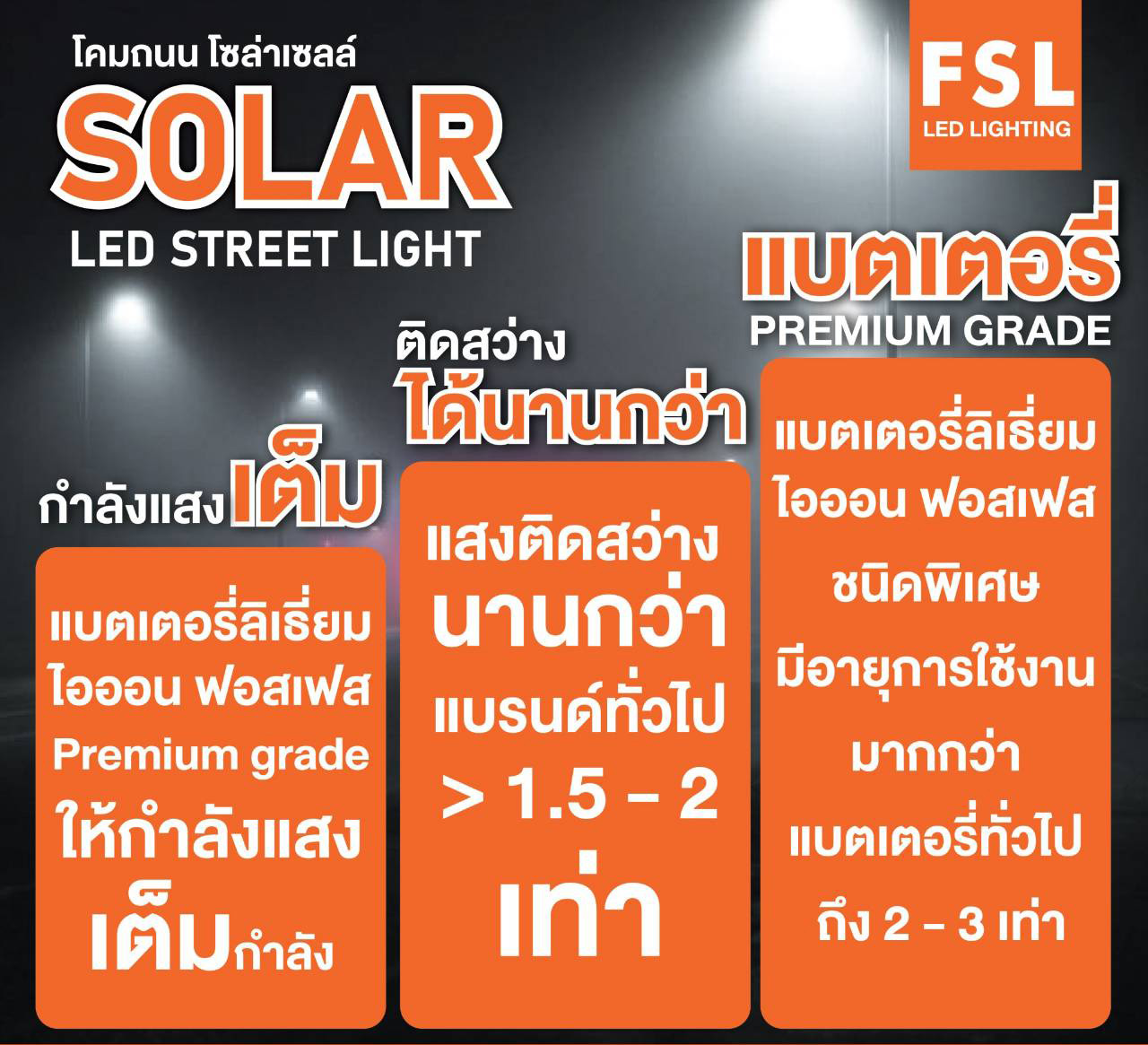 โคมถนนโซลาร์เซลล์ LED Solar Street Light FSL 100w 200w 300w 400w แสงขาว 6500K