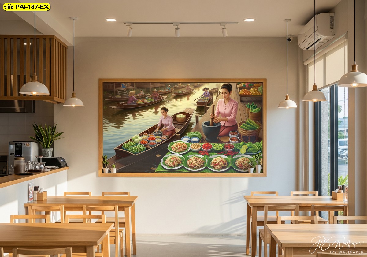 วอลเปเปอร์แม่ค้าตำส้มตำบนเรือ สีสันสดใส ถ่ายทอดวิถีชีวิตไทย ให้ร้านดูอบอุ่นและมีเอกลักษณ์เฉพาะตัว