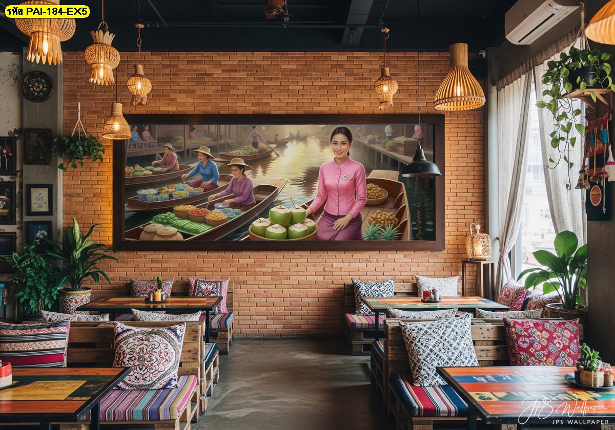 วอลเปเปอร์สั่งพิมพ์ลายตลาดน้ำไทย เติมบรรยากาศอบอุ่นให้ร้านอาหารสไตล์พื้นเมือง ดูมีชีวิตชีวาและน่าจดจำ