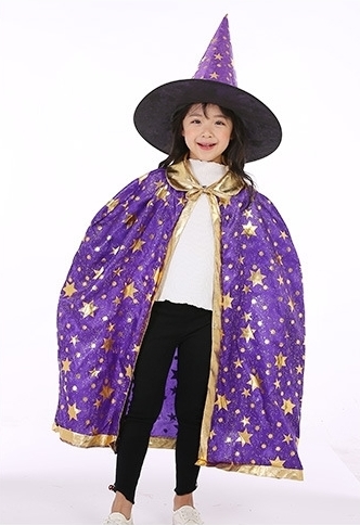 7C104 ชุดเด็ก ชุดฮาโลวีน ชุดแม่มด ผ้าคลุมและหมวก สีม่วงลายดาวทอง Purple GoldStar The Witch Halloween